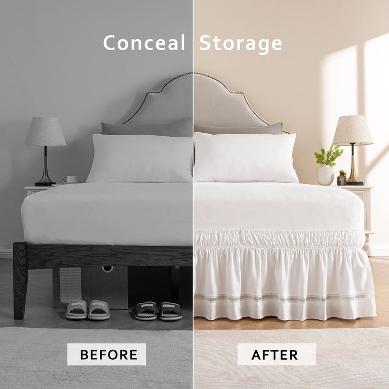 MIYE Wrap Around Ruffled Lace Bed Skirt, Elastic Dust Ruffle with Adjustable Belts, Easy to Put On, Bed Frame Cover, Machine Washable (Ruffled Lace/White, Full/Twin-15 Drop) - Image 3