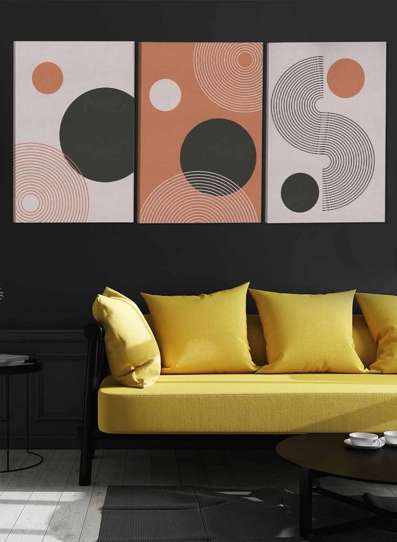 لوحة طقم من ٣ لوحات كانفاس على إطار خشبي تصميم دوائر وخطوط عصرية للمنزل غرفة المعيشة المكتب الديكور - Image 3