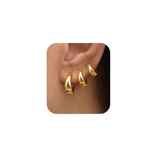 PANSHI  3Pairs Gold Hoop Earrings Set for Women Trendy Chunky Huggie Dainty Earring Jewelry for Women Teens (Gold - 3 Pairs) - Image 1