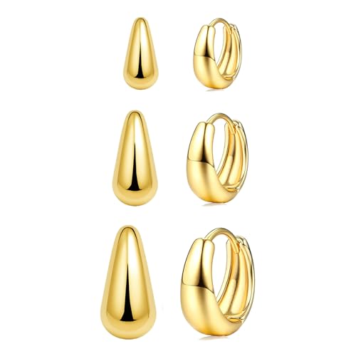 PANSHI  3Pairs Gold Hoop Earrings Set for Women Trendy Chunky Huggie Dainty Earring Jewelry for Women Teens (Gold - 3 Pairs) - Image 2