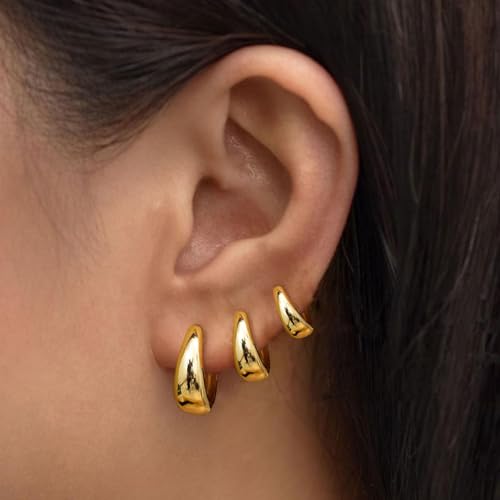 PANSHI  3Pairs Gold Hoop Earrings Set for Women Trendy Chunky Huggie Dainty Earring Jewelry for Women Teens (Gold - 3 Pairs) - Image 3