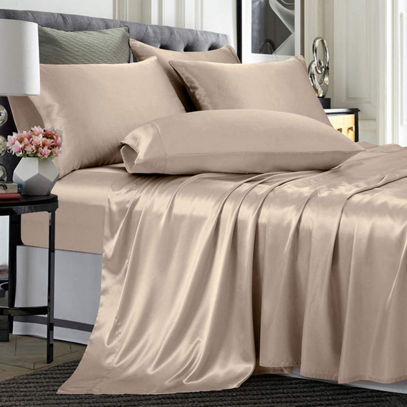 TREELY 6 Piece Satin Sheets Queen Size Silky Smooth Taupe Satin Sheet Set with Deep Pocket, Satin Fitted Sheet, Flat Sheet, 4 Satin Pillowcase - Image 1