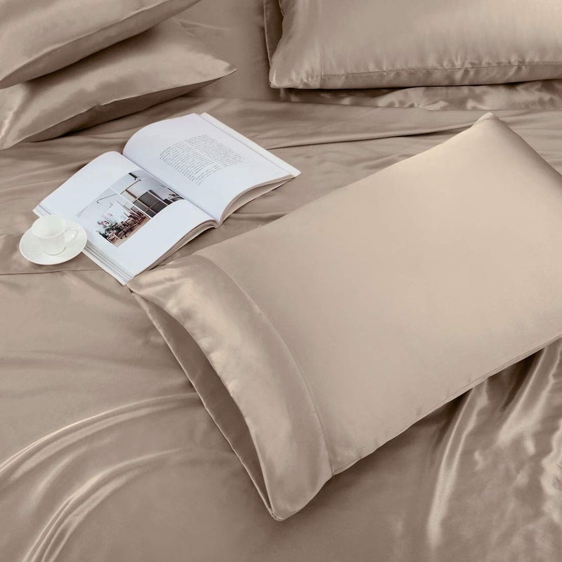 TREELY 6 Piece Satin Sheets Queen Size Silky Smooth Taupe Satin Sheet Set with Deep Pocket, Satin Fitted Sheet, Flat Sheet, 4 Satin Pillowcase - Image 3