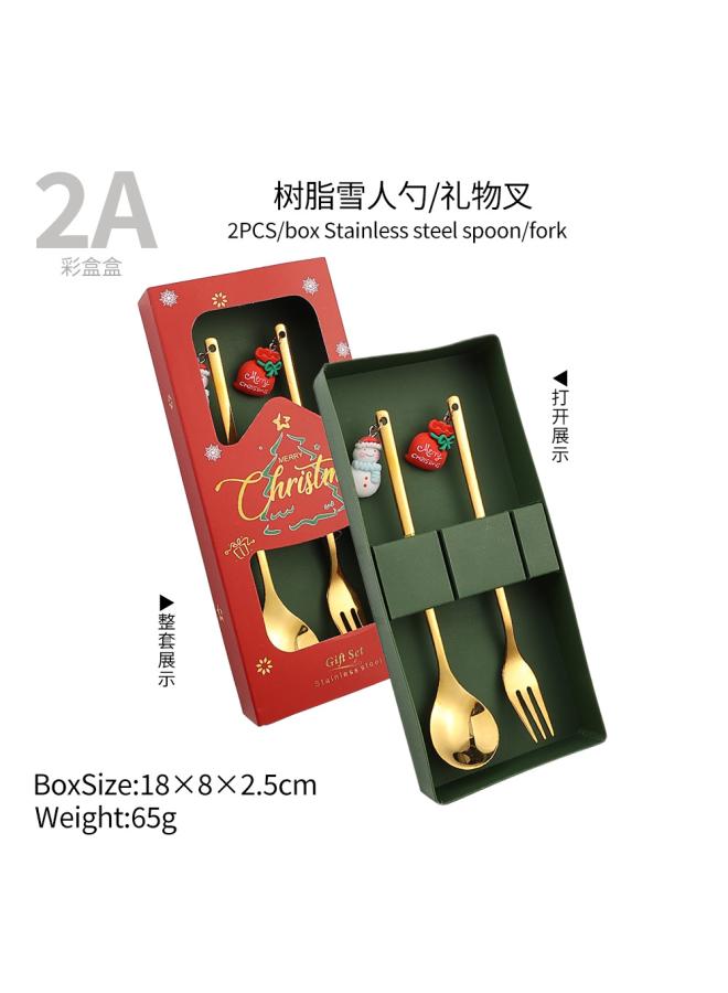 Q Christmas Spoon Suit Christmas Gift Tableware Two-piece Dessert Spoon Fork Santa Elk Doll Spoon 
