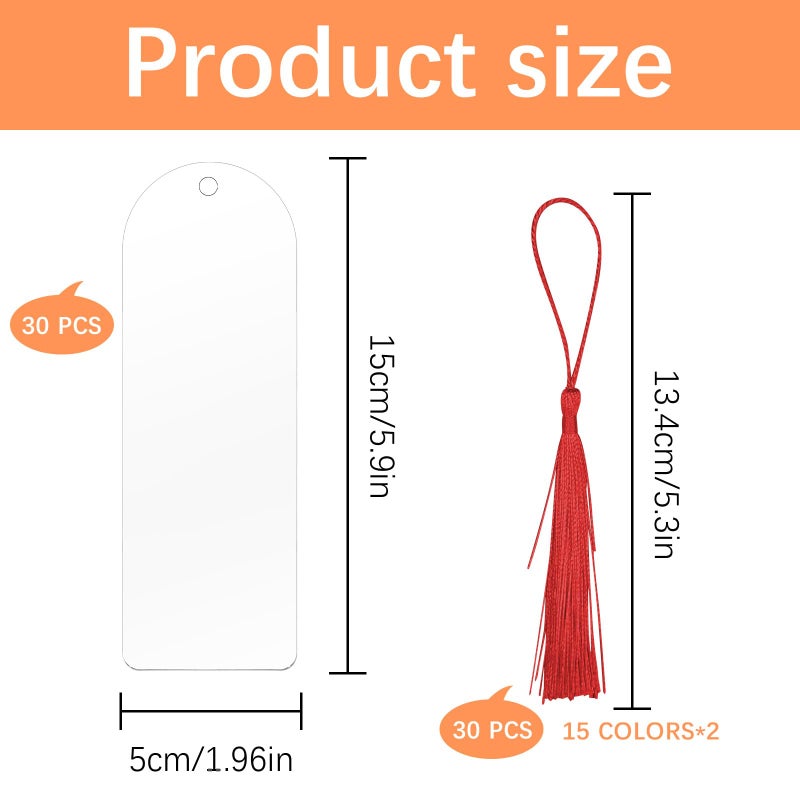 lipetol 30 Pcs Clear Acrylic Bookmarks Blanks 6" x 2", Plastic Book Page Markers Transparent Semicircle Acrylic Bookmark Blank Bulk with 30 Pcs Book Mark Tassels for DIY Crafting Projects and Gift Tags - Image 2