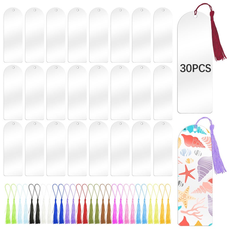 lipetol 30 Pcs Clear Acrylic Bookmarks Blanks 6" x 2", Plastic Book Page Markers Transparent Semicircle Acrylic Bookmark Blank Bulk with 30 Pcs Book Mark Tassels for DIY Crafting Projects and Gift Tags - Image 1