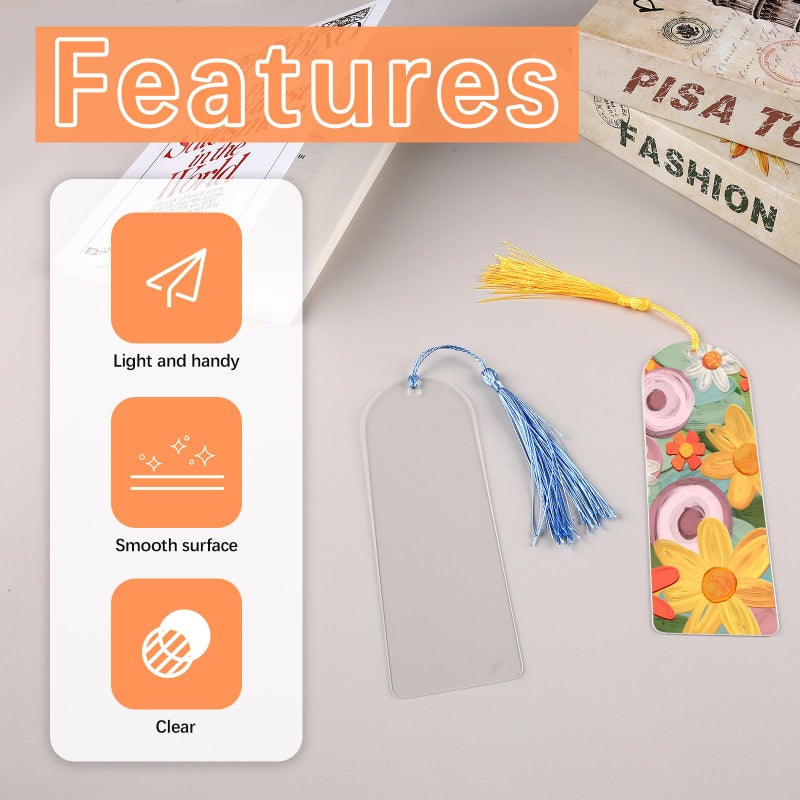 lipetol 30 Pcs Clear Acrylic Bookmarks Blanks 6" x 2", Plastic Book Page Markers Transparent Semicircle Acrylic Bookmark Blank Bulk with 30 Pcs Book Mark Tassels for DIY Crafting Projects and Gift Tags - Image 4