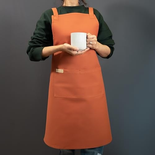 RUSTIQUE LINENS: 100% Cotton Cross-Back Apron with AquaVentism™: Fused Breathable membrane with Water‑Resistance – Kitchen Apron for Cooking, Baking, Cleaning –Ochre - Image 5