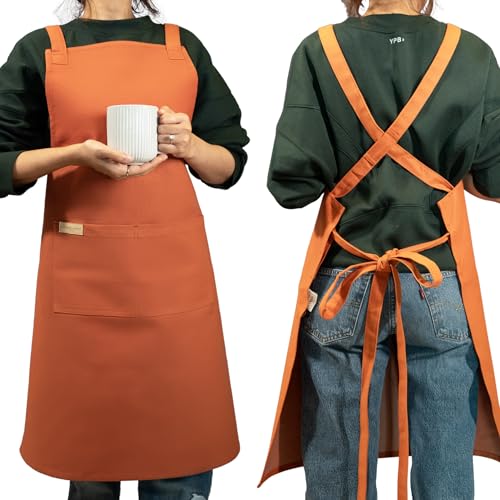 RUSTIQUE LINENS: 100% Cotton Cross-Back Apron with AquaVentism™: Fused Breathable membrane with Water‑Resistance – Kitchen Apron for Cooking, Baking, Cleaning –Ochre - Image 4