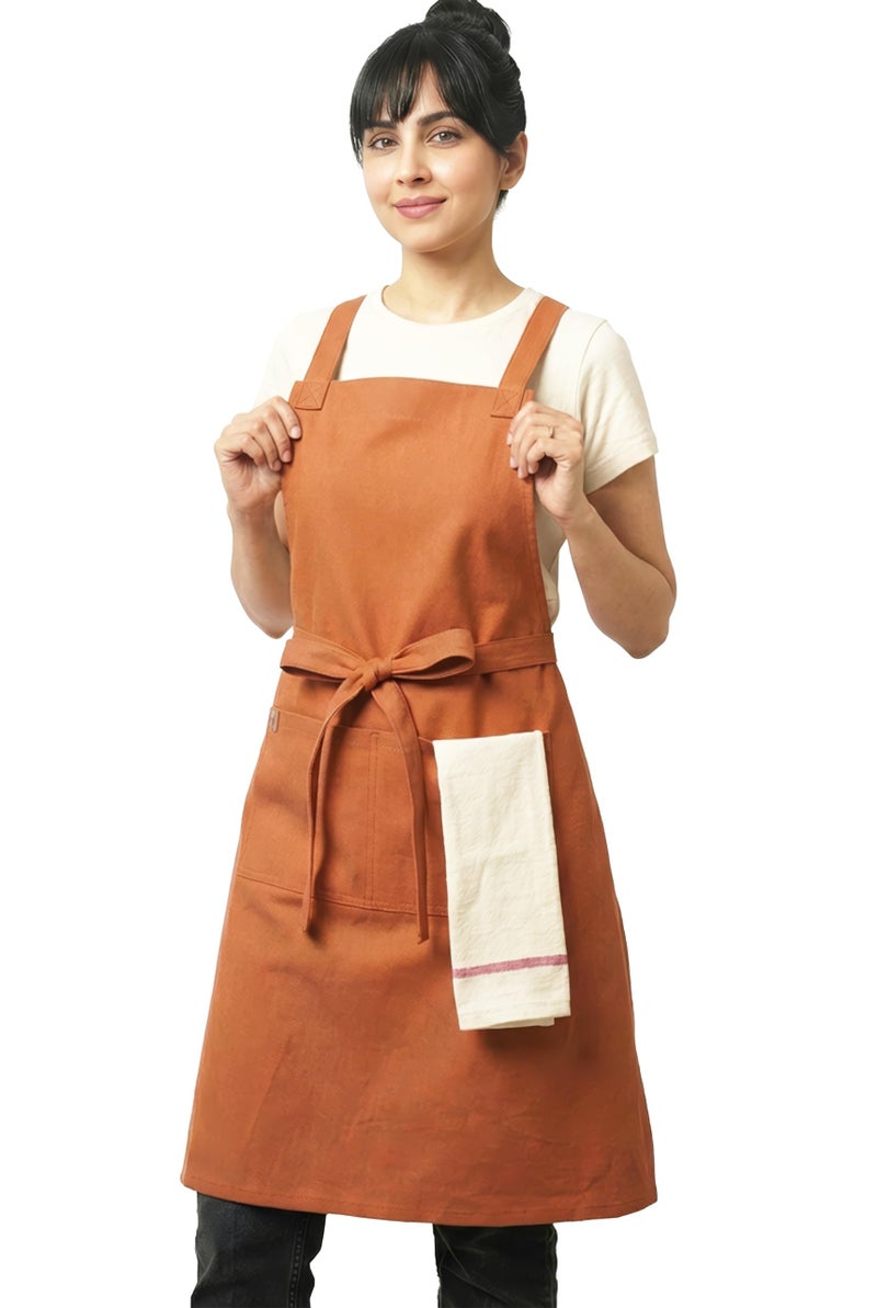 RUSTIQUE LINENS: 100% Cotton Cross-Back Apron with AquaVentism™: Fused Breathable membrane with Water‑Resistance – Kitchen Apron for Cooking, Baking, Cleaning –Ochre - Image 1