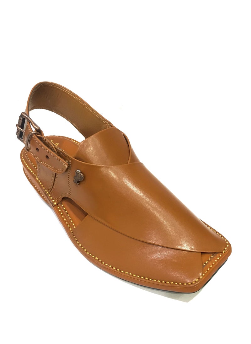 Pakhtun Chappal - Signature Leather Peshawari sandals Khaki Zardari sole - Image 1