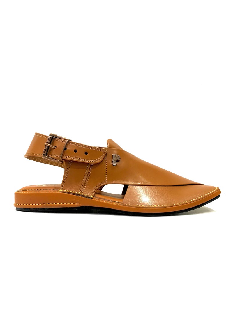 Pakhtun Chappal - Signature Leather Peshawari sandals Khaki Zardari sole - Image 1