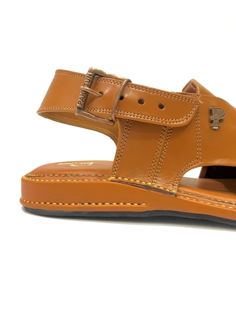 Pakhtun Chappal - Signature Leather Peshawari sandals Khaki Zardari sole - Image 1