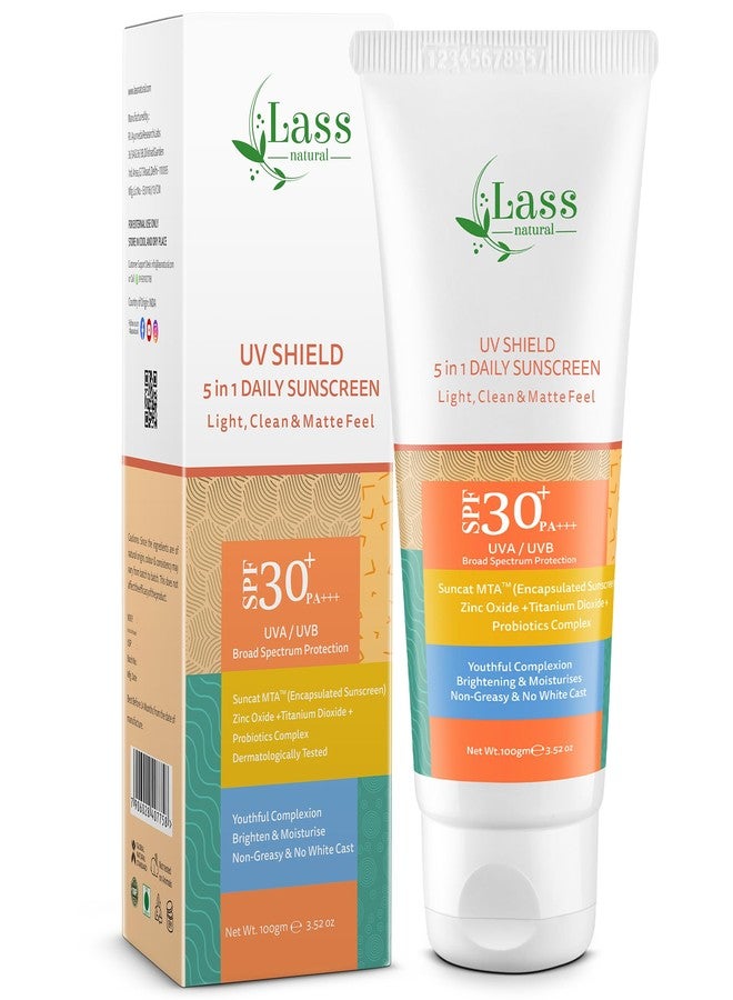 Lass Natural واقي الشمس الطبيعي لاس يو في شيلد 5 في 1 بعامل حماية من الشمس 30+ PA+++ | مقاوم للماء والعرق | يحتوي على البروبيوتيك وسانكات إم تي إيه | مناسب للبشرة الدهنية والمختلطة | للرجال والنساء | 100 غرام - Image 1