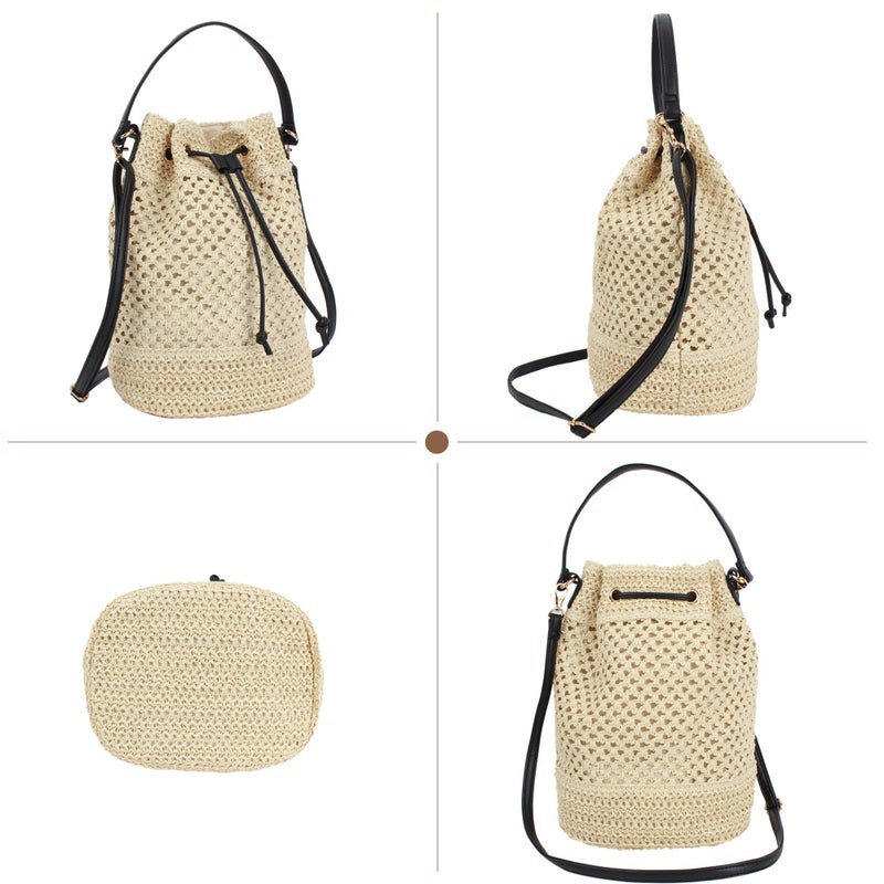 Lobagve Van Caro Straw Shoulder Tote Handwoven Drawstring Crossbody Beach Bucket Bag for Women,Beige - Image 3