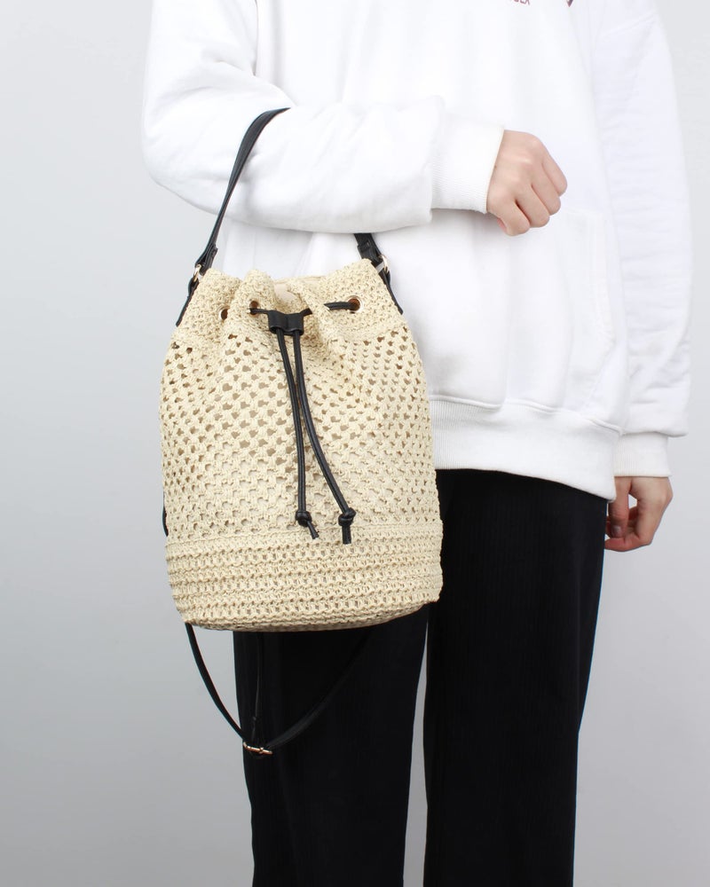 Lobagve Van Caro Straw Shoulder Tote Handwoven Drawstring Crossbody Beach Bucket Bag for Women,Beige - Image 2