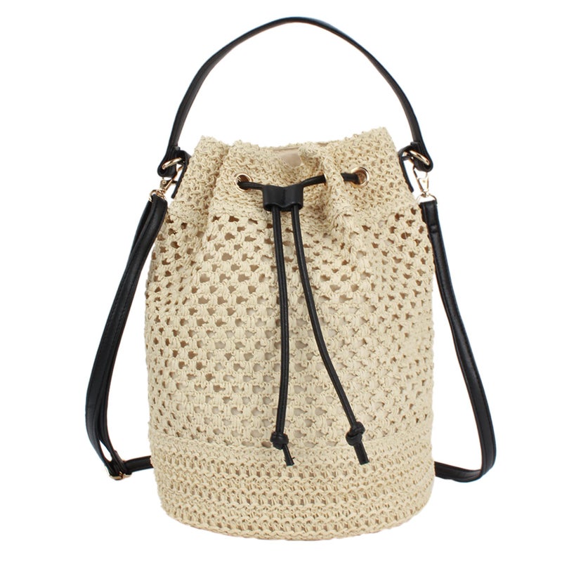 Lobagve Van Caro Straw Shoulder Tote Handwoven Drawstring Crossbody Beach Bucket Bag for Women,Beige - Image 1