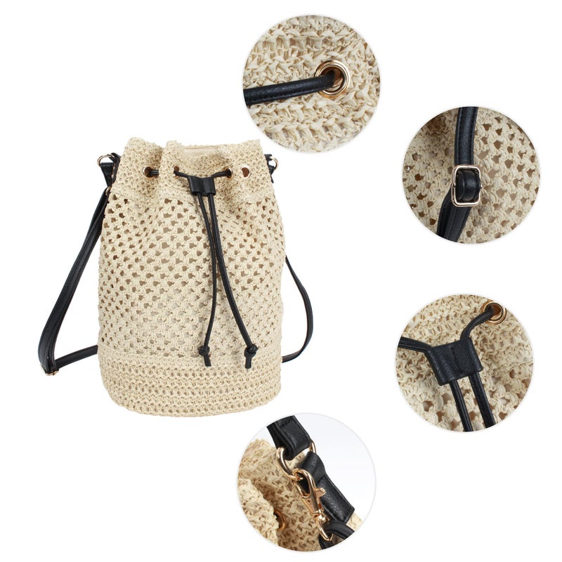 Lobagve Van Caro Straw Shoulder Tote Handwoven Drawstring Crossbody Beach Bucket Bag for Women,Beige - Image 5