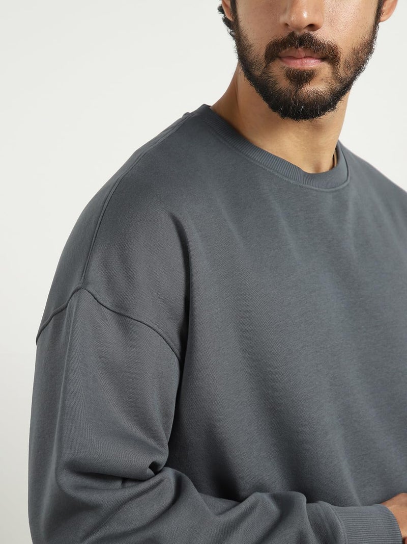 NOBERO Men's Cotton Blend Crew Neck Oversized Fit Sweatshirt (1M-TWSS-R0005_Graphite, X_Large) - Image 5