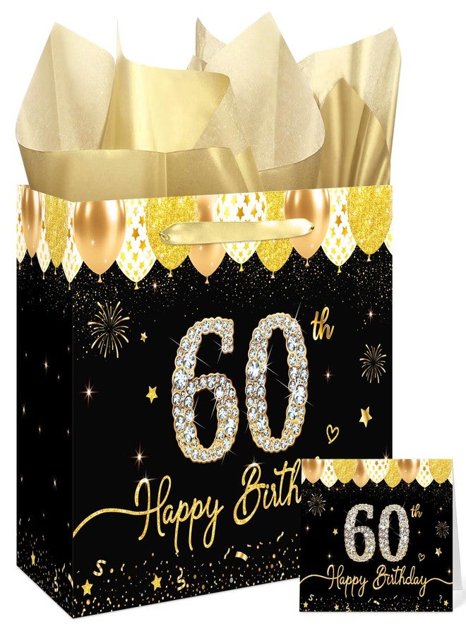 WNINK 60th Black and Gold Birthday Gift Bag with Handles, Greeting Card and Tissue Paper, 13" Large Happy Birthday Gift Wrap Set for Men and Women Party Supplies - Image 1