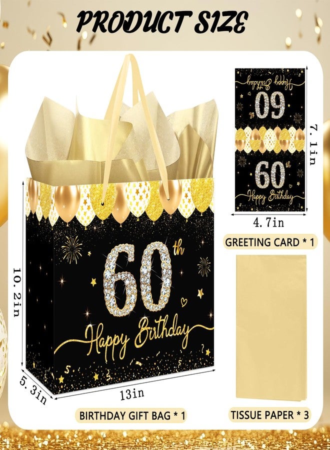 WNINK 60th Black and Gold Birthday Gift Bag with Handles, Greeting Card and Tissue Paper, 13" Large Happy Birthday Gift Wrap Set for Men and Women Party Supplies - Image 2