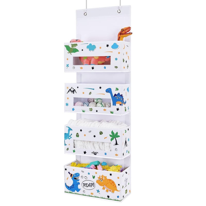 WERNNSAI Dinosaur Over Door Hanging Organizer - Behind Door Storage with 4 Clear Window Pockets for Baby Boys Room Organization Toy Diaper Closet Pantry Bedroom Bathroom Nursery Decor - Image 1