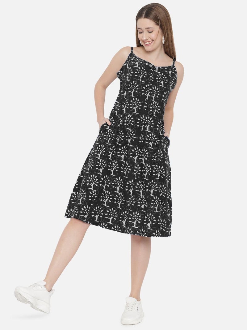 Indietoga Women's Printed Sustainable Pure Cotton A-Line Midi Dress (10001557_Black Handblock_S) - Image 5