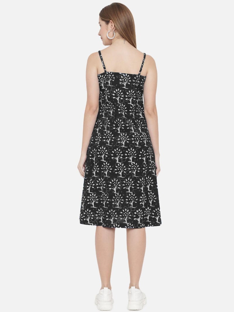Indietoga Women's Printed Sustainable Pure Cotton A-Line Midi Dress (10001557_Black Handblock_S) - Image 3