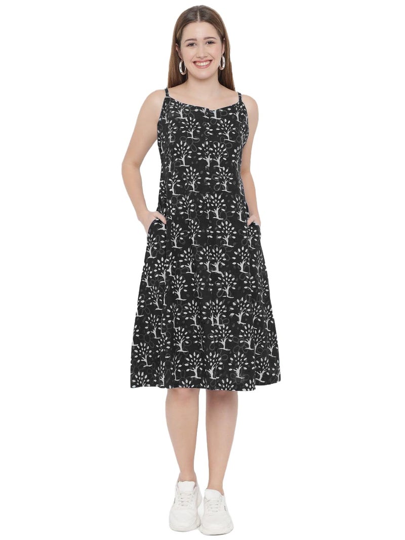 Indietoga Women's Printed Sustainable Pure Cotton A-Line Midi Dress (10001557_Black Handblock_S) - Image 1