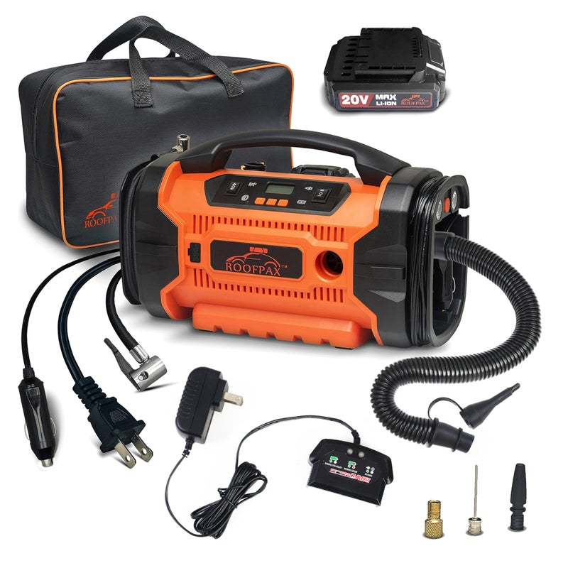 RoofPax Tire Inflator Portable Air Compressor for Car Tires 3 Power Sources ACDC Battery Heavy Duty InflatorDeflator Digital Car Air Pump with Pressure Gauge 12V 110 AC 160 PSI For Car RV Truck