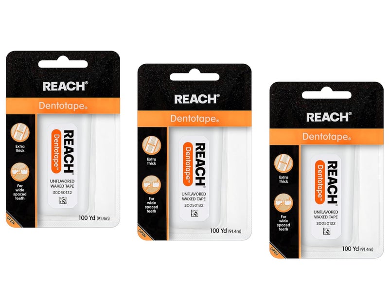 Reach Dentotape Waxed Dental Floss with Extra Wide Cleaning Surface for Large Spaces between Teeth, Unflavored, 100 Yards (Pack of 3) - Image 1