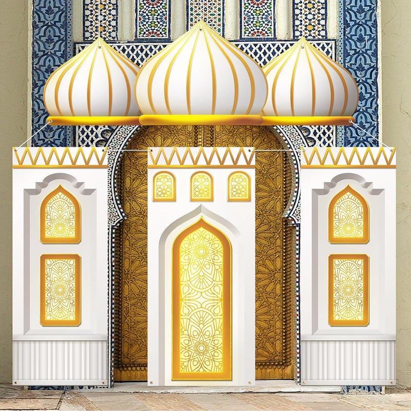 Marsui 4 Pcs Eid Mubarak Banners Ramadan Mubarak Door Decoration Eid Hanging Muslim Porch Sign Ramadan Decorations for Home Gold Banner for Backdrop Party Wall Door Outdoor Outside Photo Props - Image 1