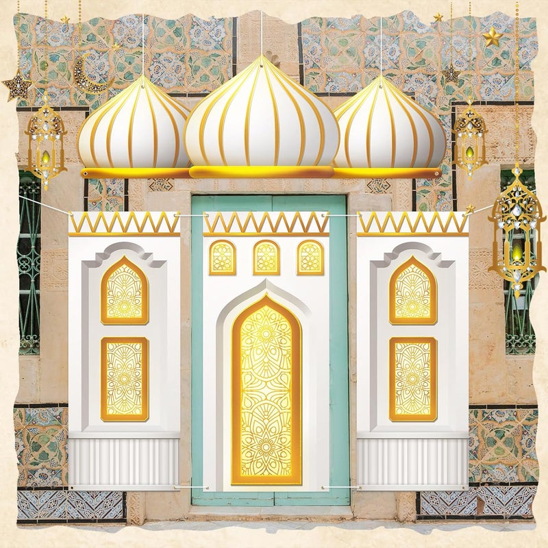 Marsui 4 Pcs Eid Mubarak Banners Ramadan Mubarak Door Decoration Eid Hanging Muslim Porch Sign Ramadan Decorations for Home Gold Banner for Backdrop Party Wall Door Outdoor Outside Photo Props - Image 4