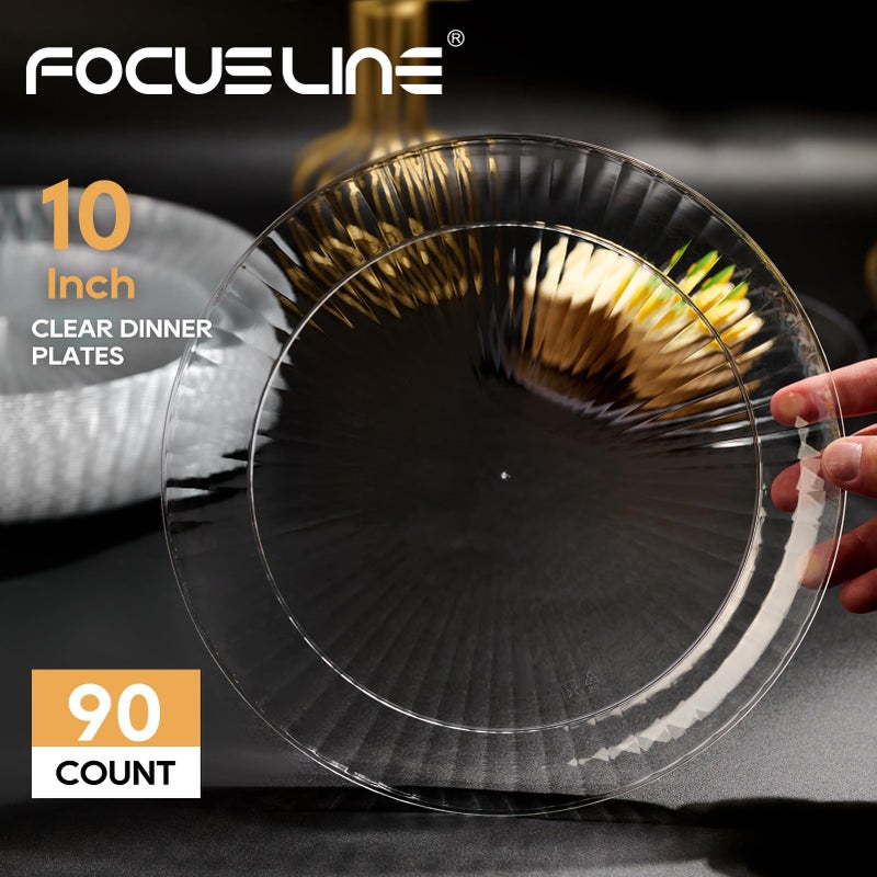 FOCUSLINE 90 Count Clear Plastic Plates 10 Inch  Disposable Heavy Duty Dinner Plates- Premium Hard Plastic Plate Fancy Disposable Clear Plate for Weddings  Parties and Events - Image 2
