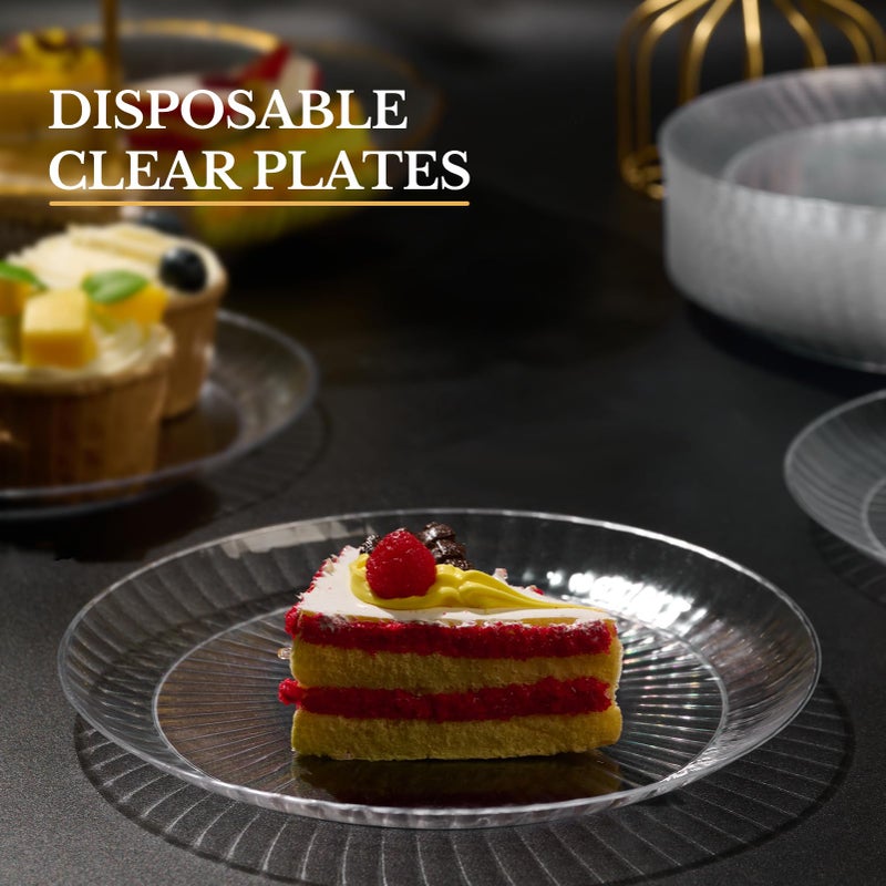 FOCUSLINE 90 Count Clear Plastic Plates 10 Inch  Disposable Heavy Duty Dinner Plates- Premium Hard Plastic Plate Fancy Disposable Clear Plate for Weddings  Parties and Events - Image 3