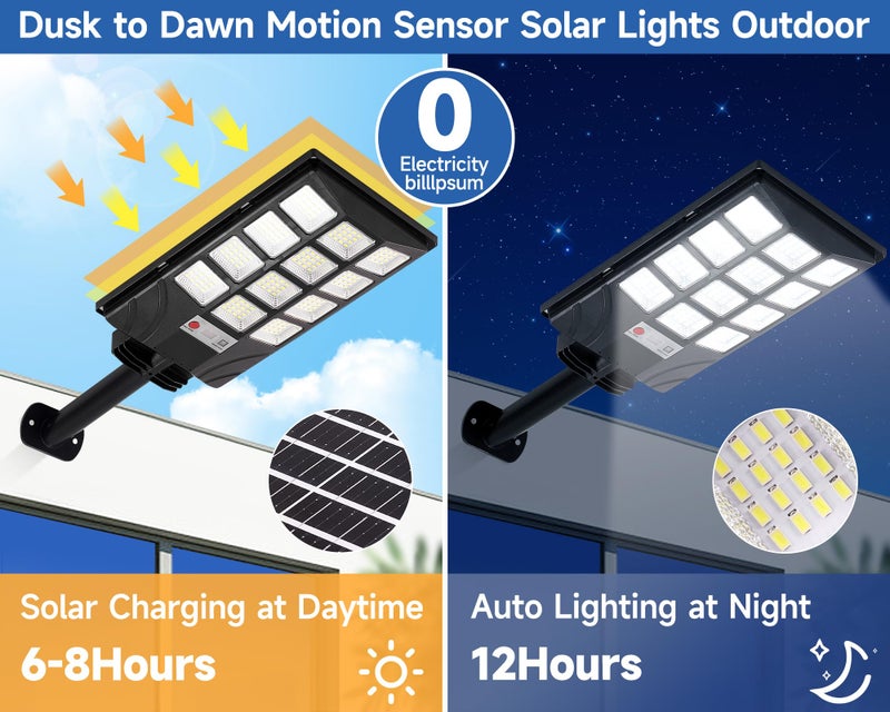 Aqraou Solar Lights Outdoor for Outside, IP66 Waterproof Solar Street Lights Outdoor with Motion Sensor & Dusk to Dawn, 6500K Security Flood Light for Yard Garden with Remote Control - 2PACK - Image 2