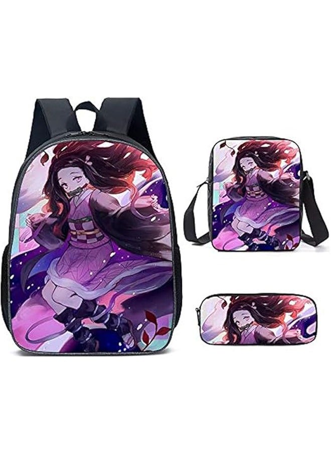 general 3 PCS Anime Demon Slayer Cosplay Backpack Set Nezuko Cute Fashion School Bag with Satchel Pencil Case Shoulder Bag Bookbag for Kids Boys Students Fans  - Image 1