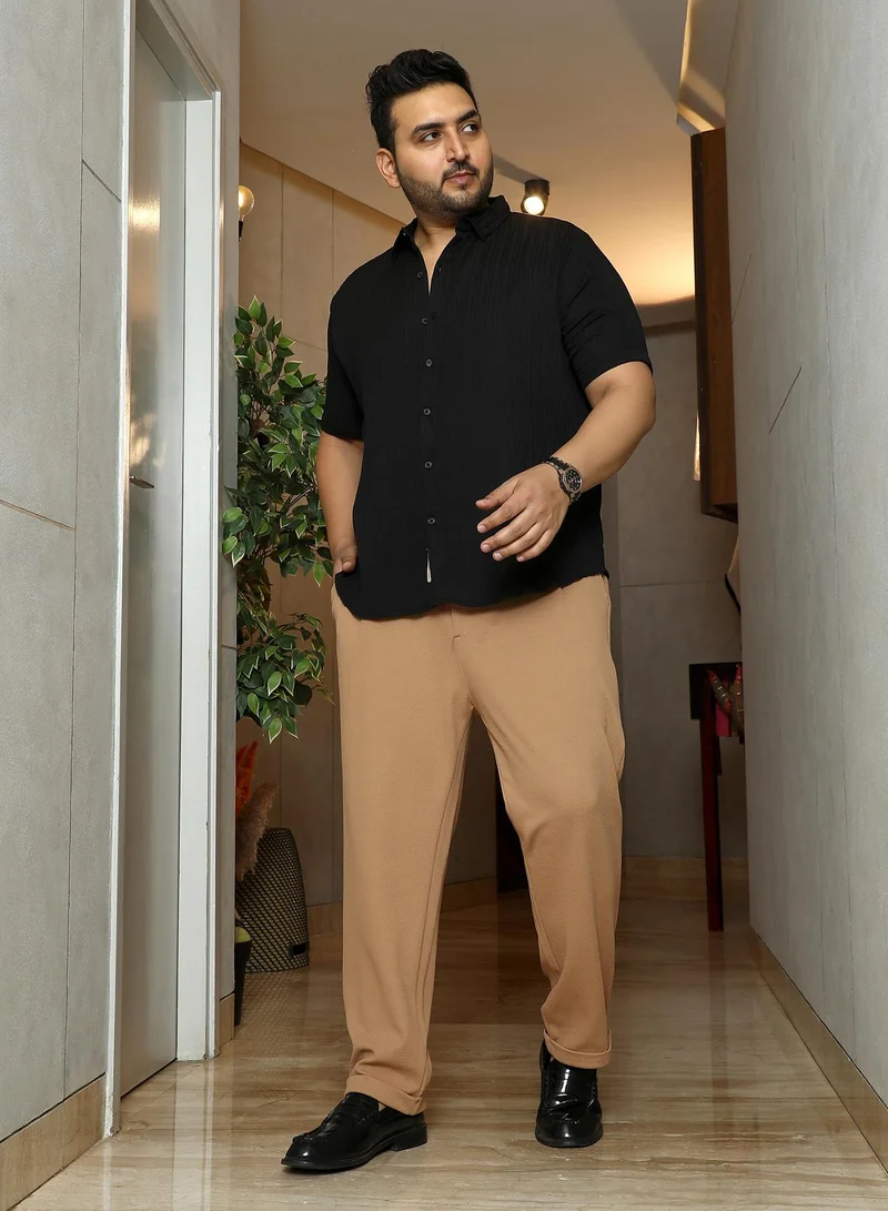 Instafab Plus  Instafab Plus Men's Khaki Beige Twill-Pleated Trousers | Mid-Rise , Cuffed Hem , Button Closure | Solid Twill Polyester Blend Material For Street & Casual Wear for Men | Best Price UAE