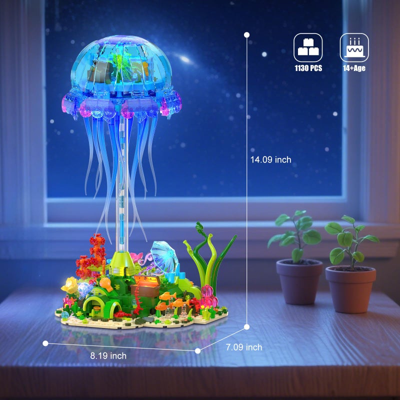 Brihappen Jellyfish Building Set with LED Lights, Floating Jellyfish Lamp for Home Decor, Ocean Animal Collection Model with Coral & Seaweed, Creative Display Gift for Adults, Teens 14+ - Image 2