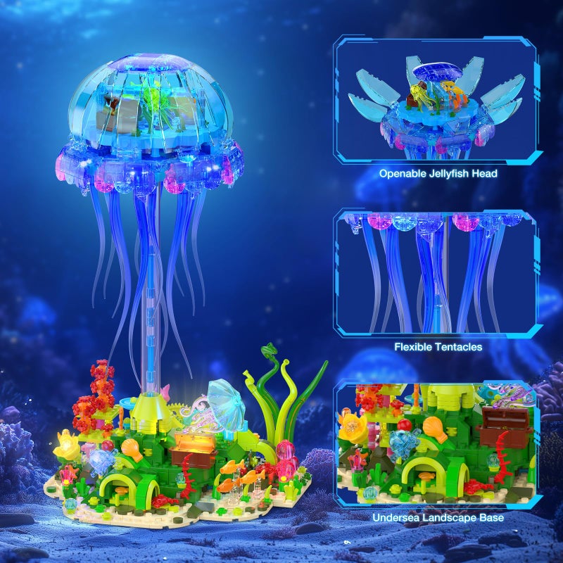 Brihappen Jellyfish Building Set with LED Lights, Floating Jellyfish Lamp for Home Decor, Ocean Animal Collection Model with Coral & Seaweed, Creative Display Gift for Adults, Teens 14+ - Image 4
