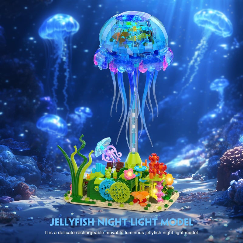 Brihappen Jellyfish Building Set with LED Lights, Floating Jellyfish Lamp for Home Decor, Ocean Animal Collection Model with Coral & Seaweed, Creative Display Gift for Adults, Teens 14+ - Image 5