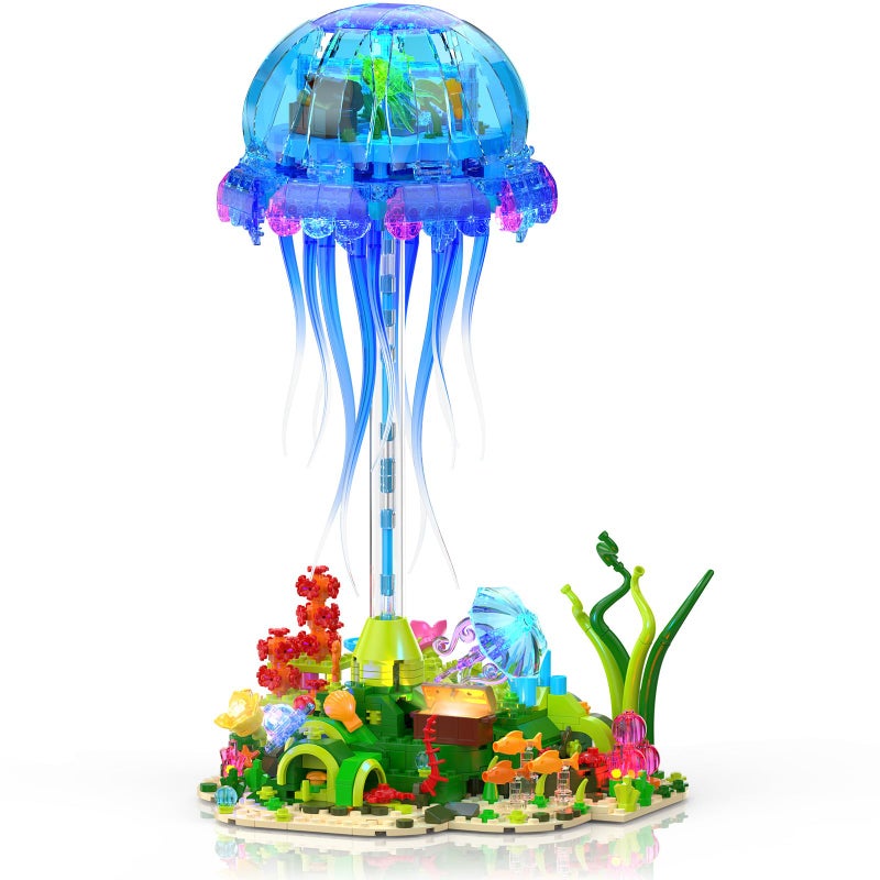 Brihappen Jellyfish Building Set with LED Lights, Floating Jellyfish Lamp for Home Decor, Ocean Animal Collection Model with Coral & Seaweed, Creative Display Gift for Adults, Teens 14+ - Image 1
