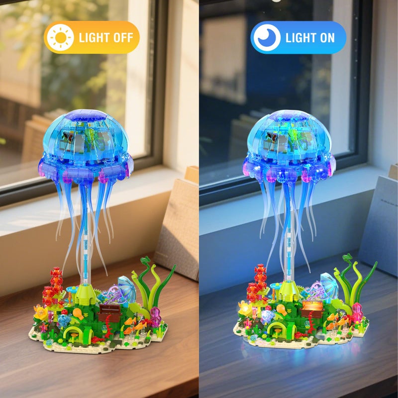 Brihappen Jellyfish Building Set with LED Lights, Floating Jellyfish Lamp for Home Decor, Ocean Animal Collection Model with Coral & Seaweed, Creative Display Gift for Adults, Teens 14+ - Image 3