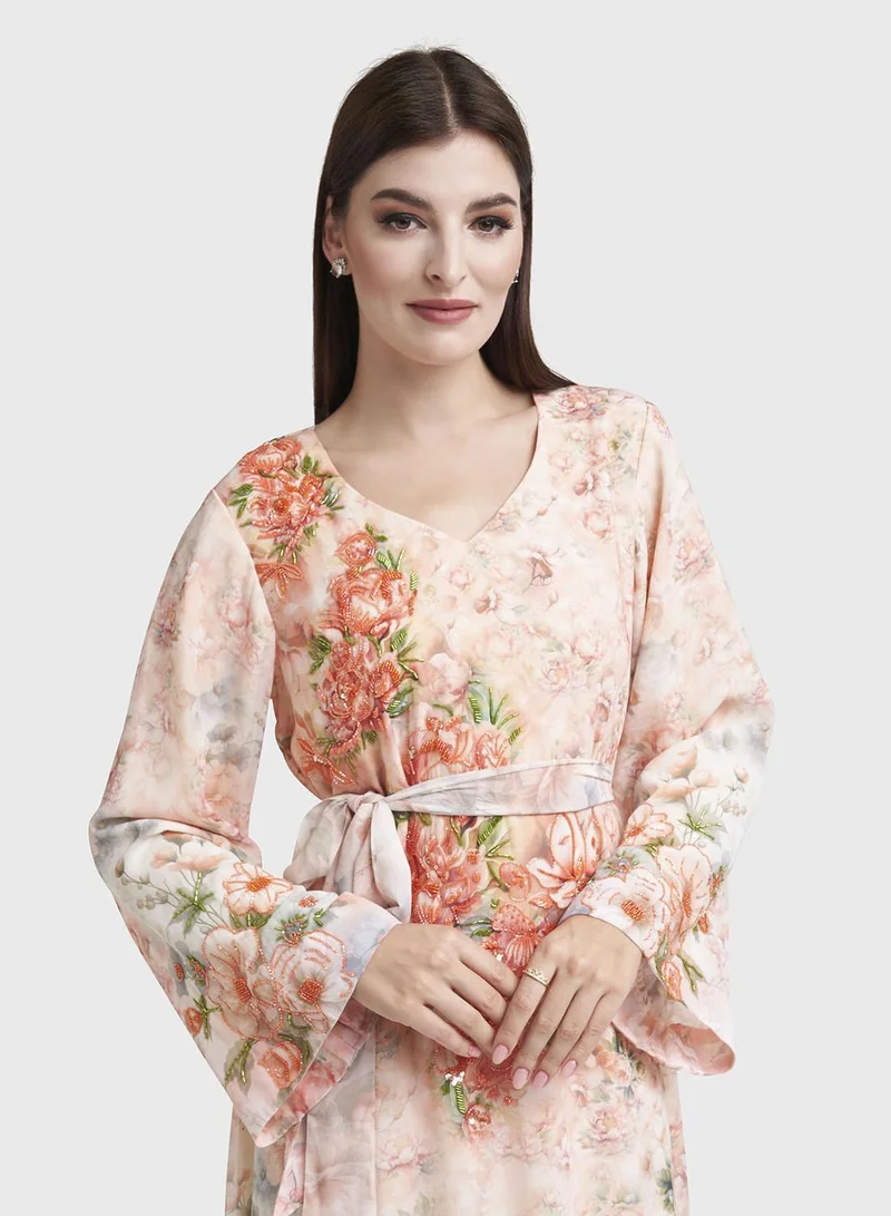 كشخة Peach Georgette Floral Print Dress with Handwork (VDK380)