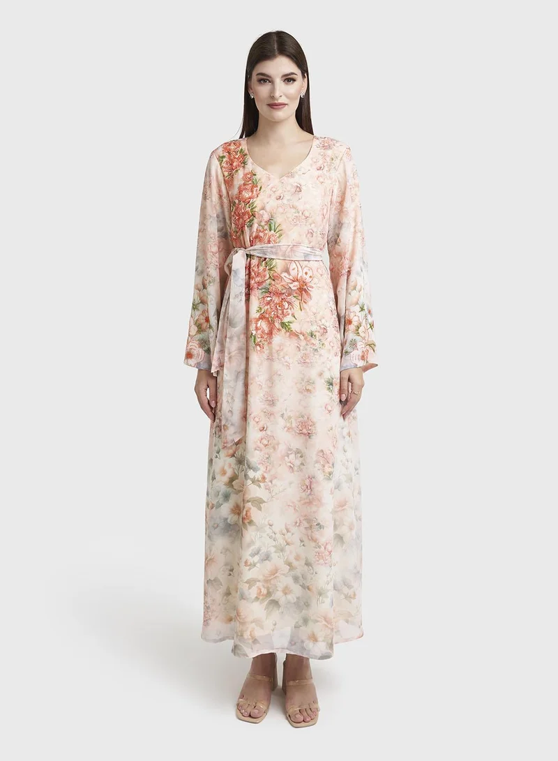 كشخة Peach Georgette Floral Print Dress with Handwork (VDK380)