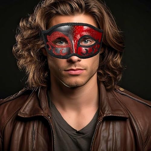 MYSEUNI 2025 New Red Masquerade Mask for Men- Retro Venetian Mens Masquerade Ball Mask for Cosplay Halloween Party Mardi Gras Mascarade Ball - Image 4