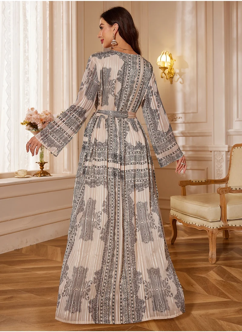 Madam Uniq Long-Sleeve Monochrome Pattern Abaya with Belt – Elegant Women's Dress