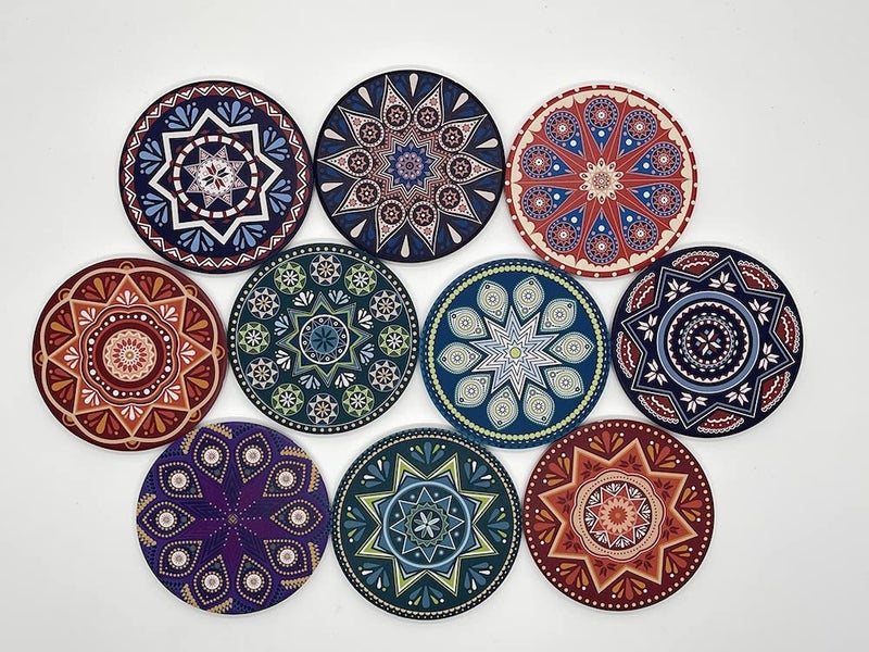 Trinsi Absorbent Ceramic Stone Coasters for Drink MandalaSet of 10 Coasters with Cork Back