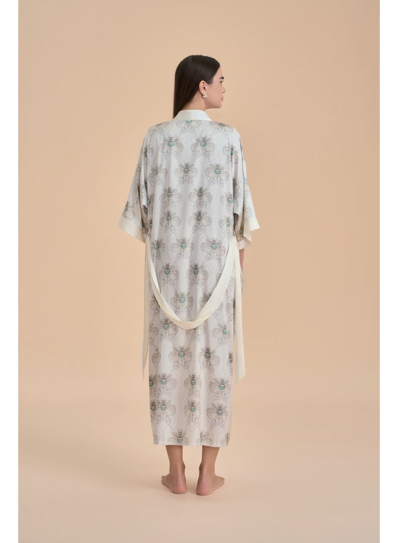 Closme Women's Elegant Bee Pattern Satin Robe, Long Open Front Maxi Kimono with Waist Tie, Silky Loungewear, Beach Cover Up, Bridal Robe, Modest Resort Wear - Image 2