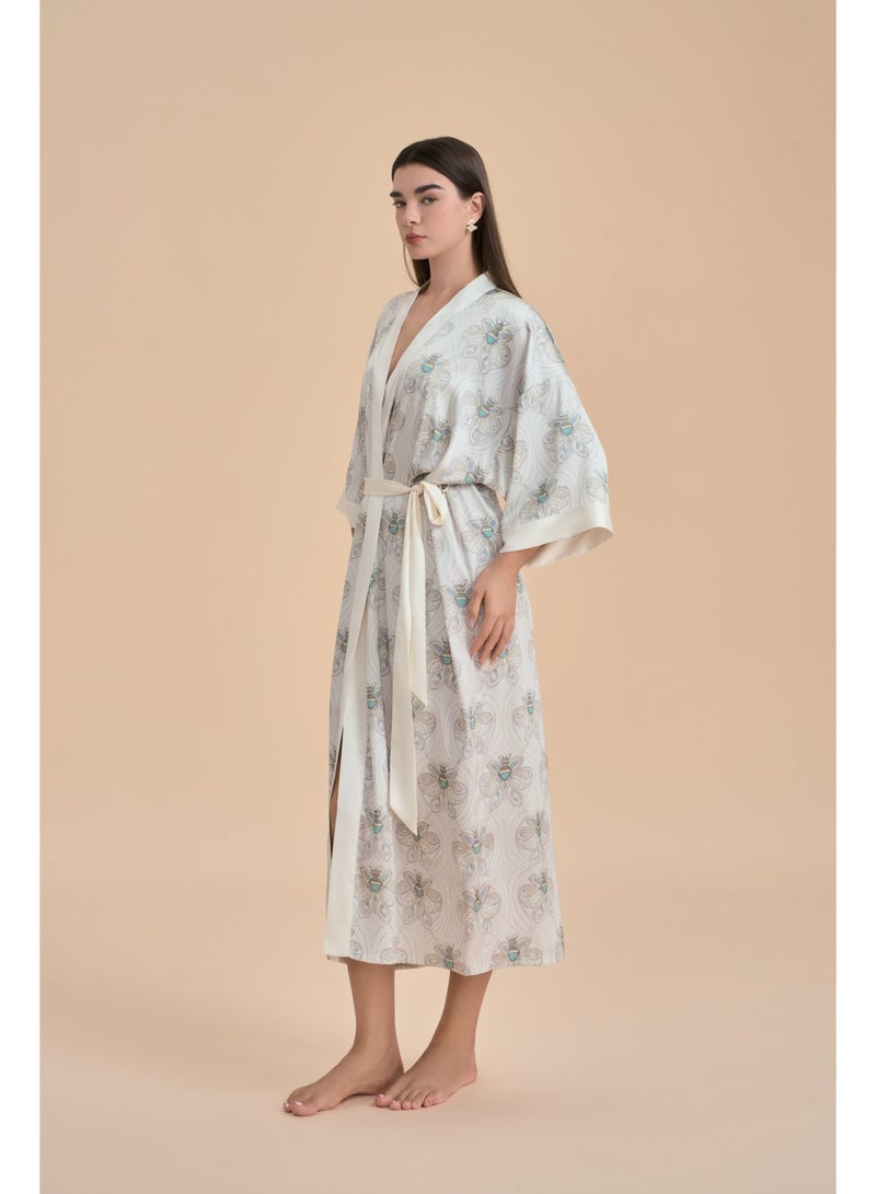 Closme Women's Elegant Bee Pattern Satin Robe, Long Open Front Maxi Kimono with Waist Tie, Silky Loungewear, Beach Cover Up, Bridal Robe, Modest Resort Wear - Image 1